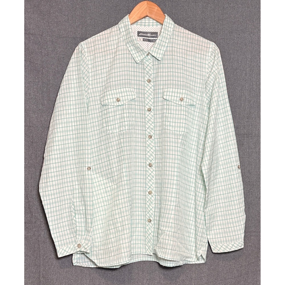Eddie Bauer Travex Mens XL Green Plaid Long Sleeve Button Down Shirt Hiking